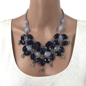 NY Co Statement Necklace Silver Tone Navy Blue Adjustable Length
